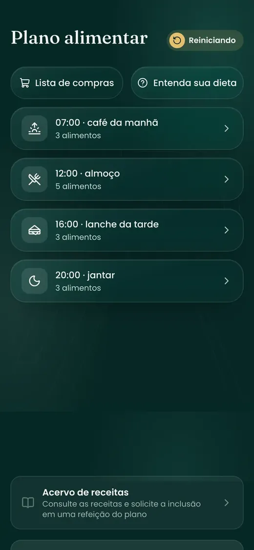 Tela do plano alimentar com as refeições do dia